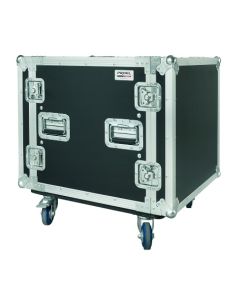 Flight case rack 10 U, profondeur utile 500 mm, 4 roulettes 100 mm dont 2 avec frein
