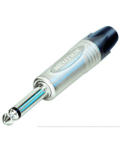 Fiche jack mono Ø 6,3 mm, contacts nickel, boîtier nickel, largeur de boîtier 14,5 mm