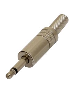 Fiche jack mono mâle Ø 3.5 mm, corps en laiton nickelé, ressort flexible pour câble Ø 5 mm