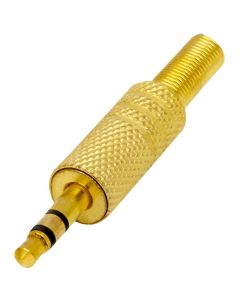 Fiche jack stéréo mâle 3,5 mm, contacts dorés, ressort flexible pour câble Ø 5 mm