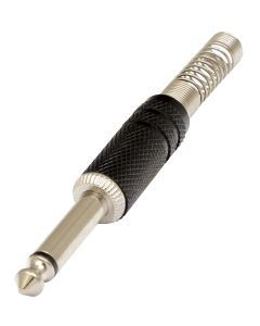 Fiche jack mâle mono 6,3 mm, coque en laiton nickelé, ressort de câble Ø 7 mm, noir