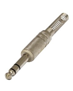 Fiche jack mâle stéréo 6,3 mm, corps en laiton nickelé, ressort flexible Ø 7 mm, argenté