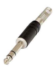 Fiche jack mâle stéréo 6,3 mm, corps en laiton nickelé noir, ressort de câble Ø 7 mm, noir
