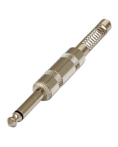 Fiche jack mono mâle 6,3 mm, finition nickelée, ressort de câble 7,3 mm, argentée