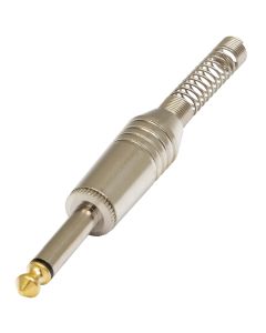 Fiche jack mono mâle 6,3 mm, contacts plaqués or, corps en laiton nickelé, argenté