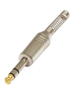 Fiche jack stéréo mâle 6,3 mm, contacts dorés, corps en laiton nickelé, argentée