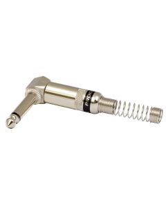 Fiche jack mâle coudée mono Ø 6,3 mm, tout métal, sans rivets, système de serrage de câble