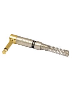 Fiche jack mono mâle coudée, Ø 6.3 mm, contacts plaqués or, coque en aluminium argentée