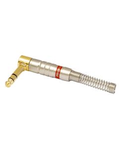 Fiche jack mâle stéréo coudée Ø 6,3 mm, contacts plaqués or, corps en aluminium argenté