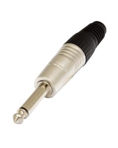 Fiche jack mono mâle 6,3 mm, aluminium moulé nickelé, sortie de câble PVC Ø 7,5 mm
