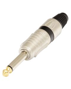 Fiche jack mâle mono 6,3 mm, pointe plaquée or, corps en aluminium moulé, argentée avec bague noire