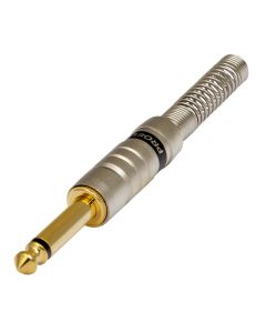 Fiche jack mâle mono 6,3 mm, contacts plaqués or, corps en laiton, ressort de câble flexible