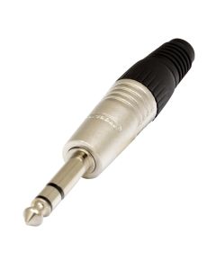 Fiche jack stéréo mâle 6,3 mm, aluminium nickelé, sortie câble PVC Ø 7,5 mm