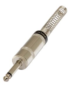 Fiche jack mono mâle 6,3 mm, Mini-Jumbo, finition nickelée, ressort de câble Ø 9 mm