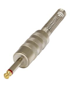 Fiche jack mono mâle 6,3 mm, finition nickelée, ressort de câble Ø 12 mm, argentée
