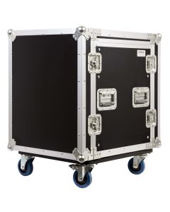 Flight case rack combo 12 U, espace mixeur réglable 10 U, profondeur utile 450 mm, roulettes 100 mm