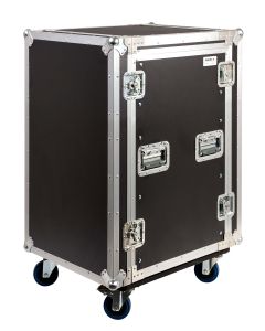 Flight case rack combo 16 U, espace mixeur 10 U réglable, profondeur utile 450 mm, roulettes 100 mm