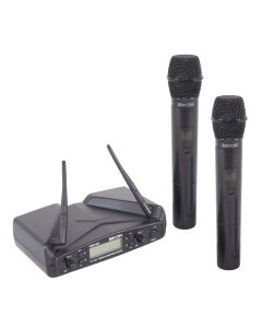 Système de microphones sans fil UHF à deux canaux, 2 microphones main cardioïdes, 16 fréquences sélectionnables