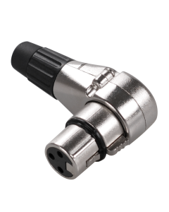 Connecteur XLR femelle coudé, 3 pôles, montage sur câble, coque nickelée, sortie de câble flexible en PVC