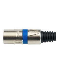 Fiche XLR mâle 3 pôles, montage sur câble, corps en aluminium moulé sous pression nickelé, bague bleue