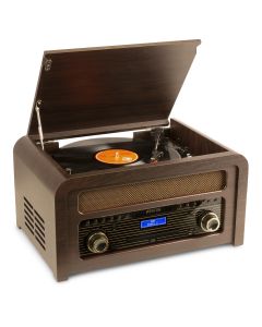 Platine disque, vintage avec lecteur CD, BT, DAB+, FM, USB, bois foncé - Nashville