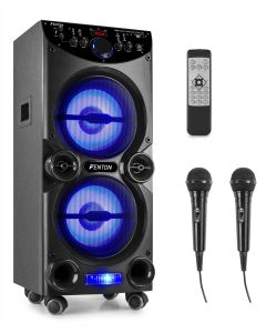 Karaoké enceinte, sur roulettes, 2 x 10", 400 W, lecteur multimédia, BT, effet LED, 2 micro filaires - LIVE2104