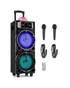 Enceinte active avec effets de lumière, 2 x 8", batterie, BT, MP3, USB, 2 x micro main - LIVE290